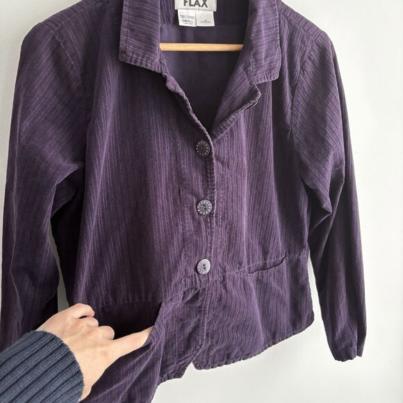 Flax Jacket Womens Small Purple Cotton Corduroy Button Up Blazer Jacket Pockets - Picture 4 of 7